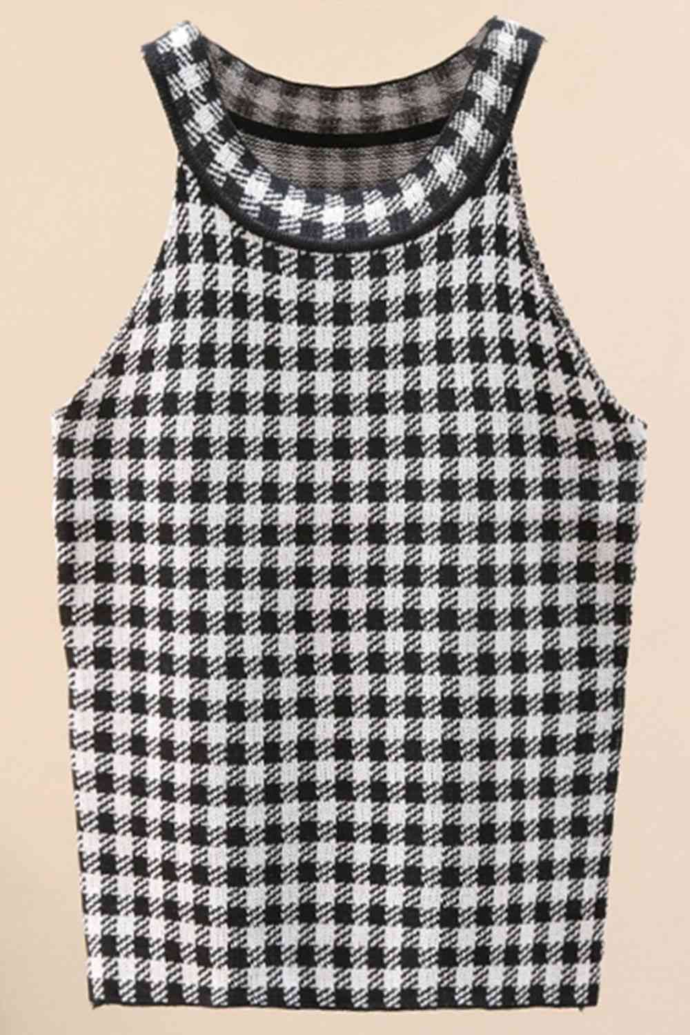 Plaid Round Neck Sleeveless Knit Top Trendsi
