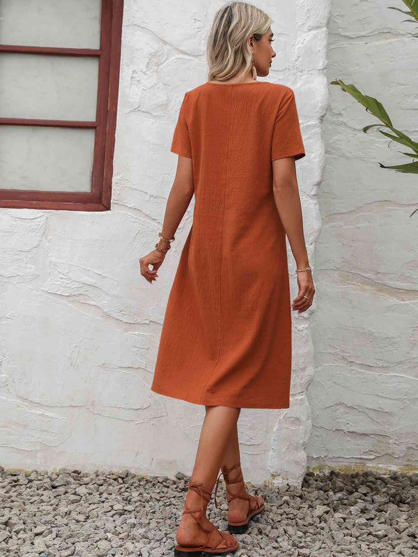 Round Neck Short Sleeve Dress with Pockets -BazaarBey - www.shopbazaarbey.com