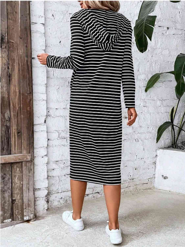 Striped Zip Front Hooded Dress -BazaarBey - www.shopbazaarbey.com