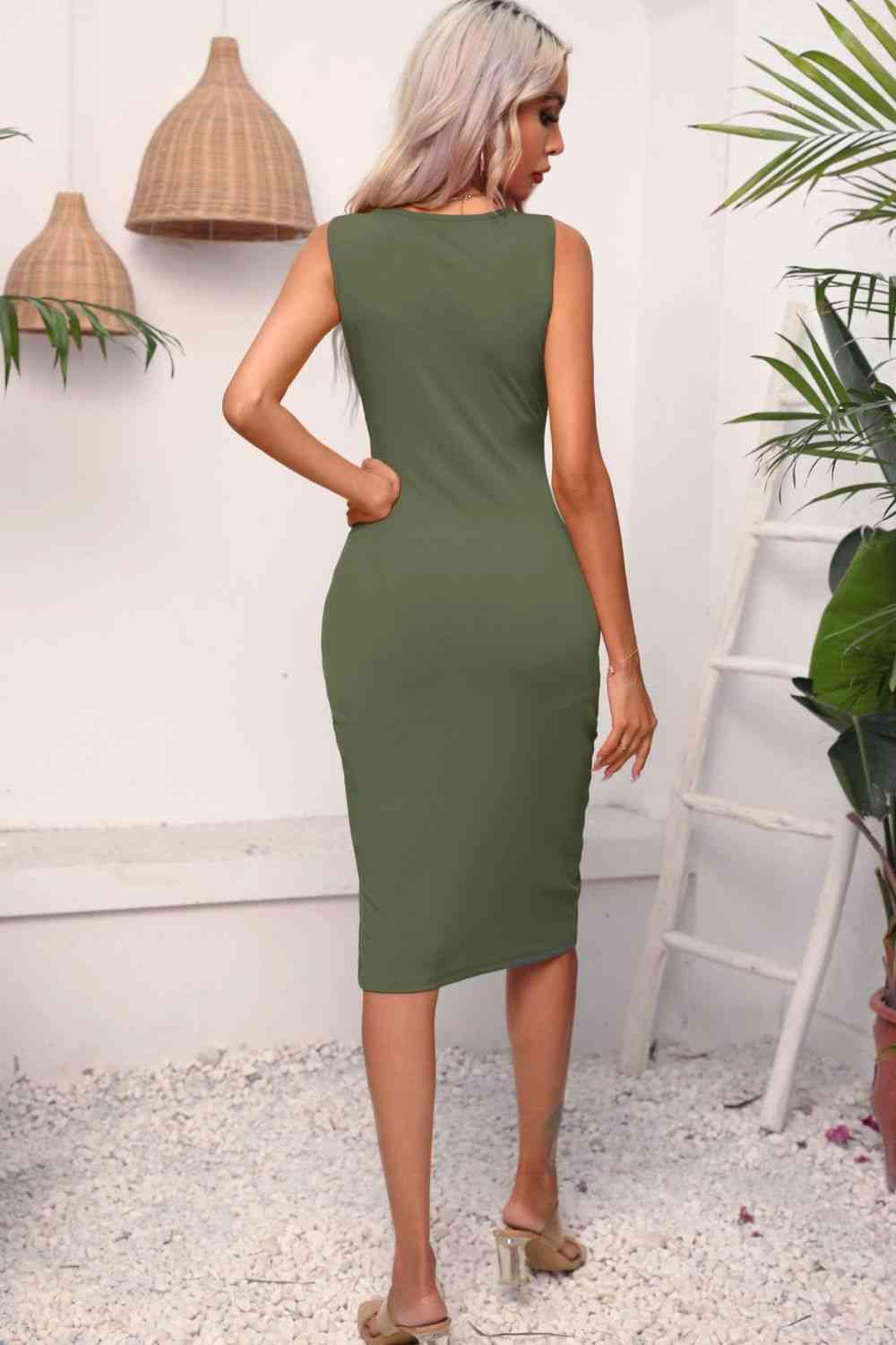 Drawstring Ruched Slit Sleeveless Dress -BazaarBey - www.shopbazaarbey.com