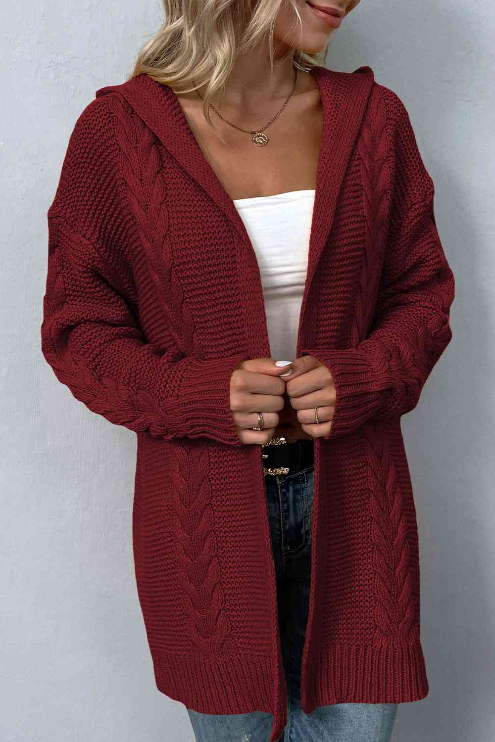 Cable-Knit Dropped Shoulder Hooded Cardigan Bazaarbey
