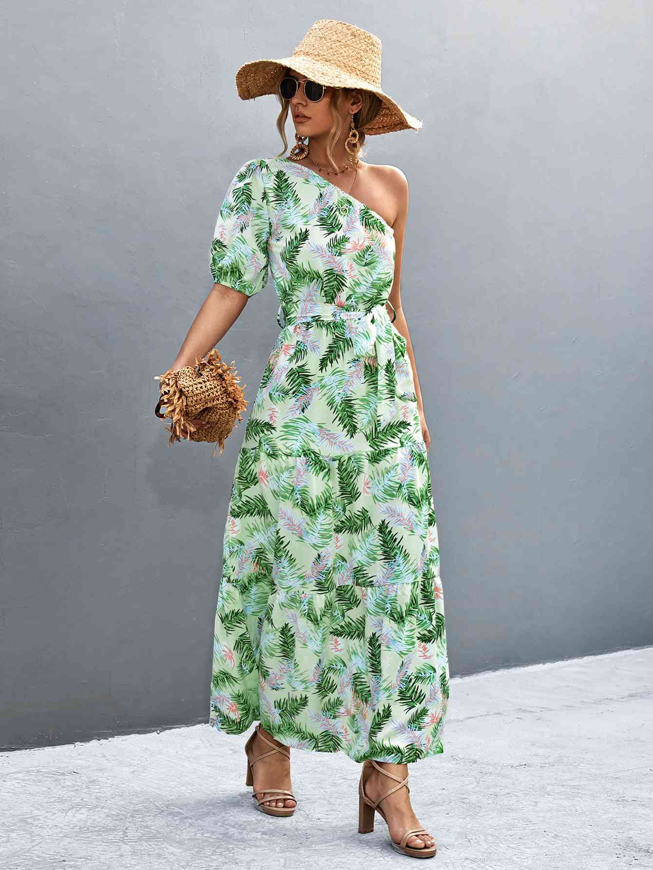 Printed Tie Waist One Shoulder Maxi Dress Bazaarbey