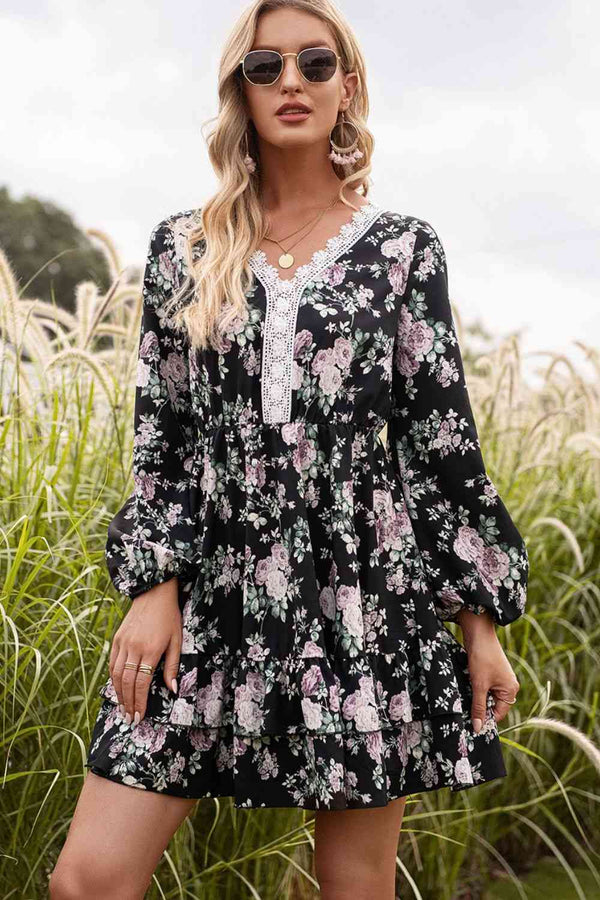 Floral Lace Trim Long Sleeve Dress -BazaarBey - www.shopbazaarbey.com