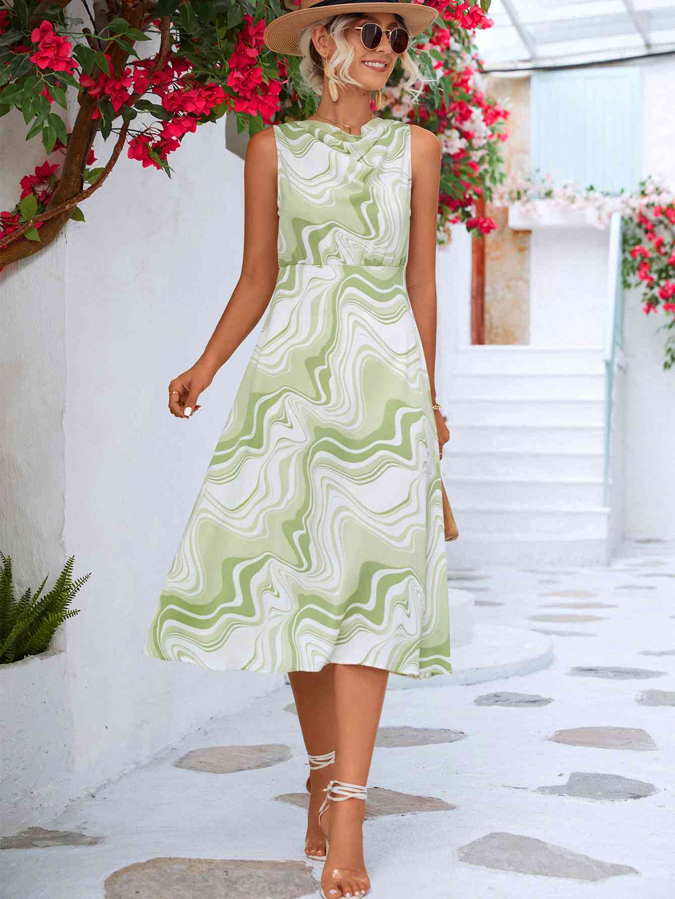 Printed Cowl Neck Sleeveless Dress -BazaarBey - www.shopbazaarbey.com