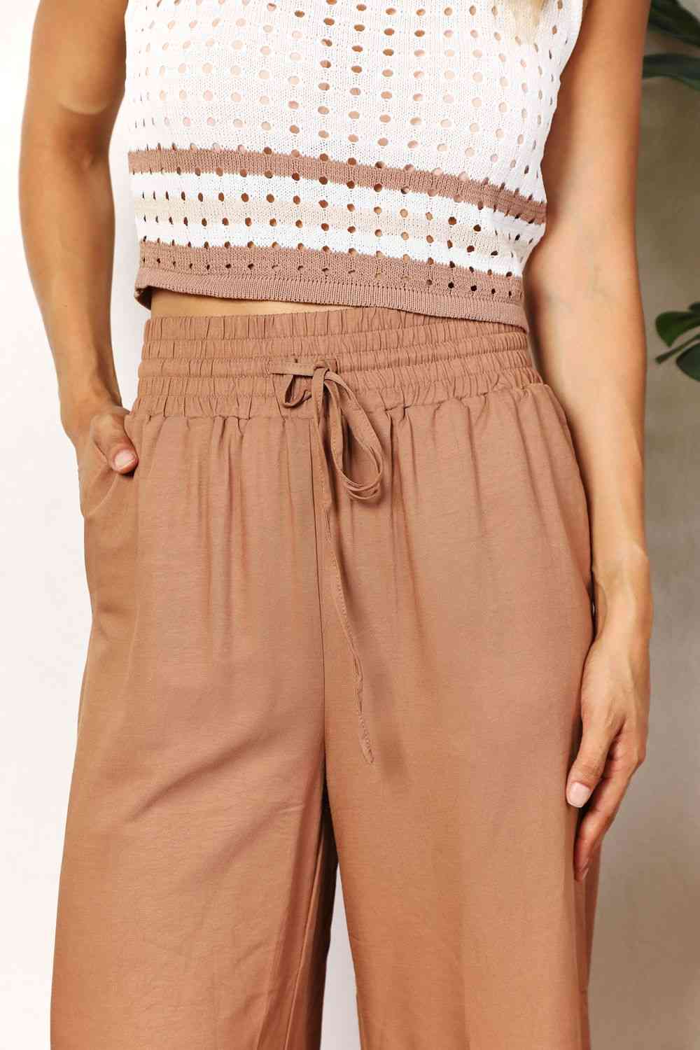  Drawstring Smocked Waist Wide Leg Pants Bazaarbey
