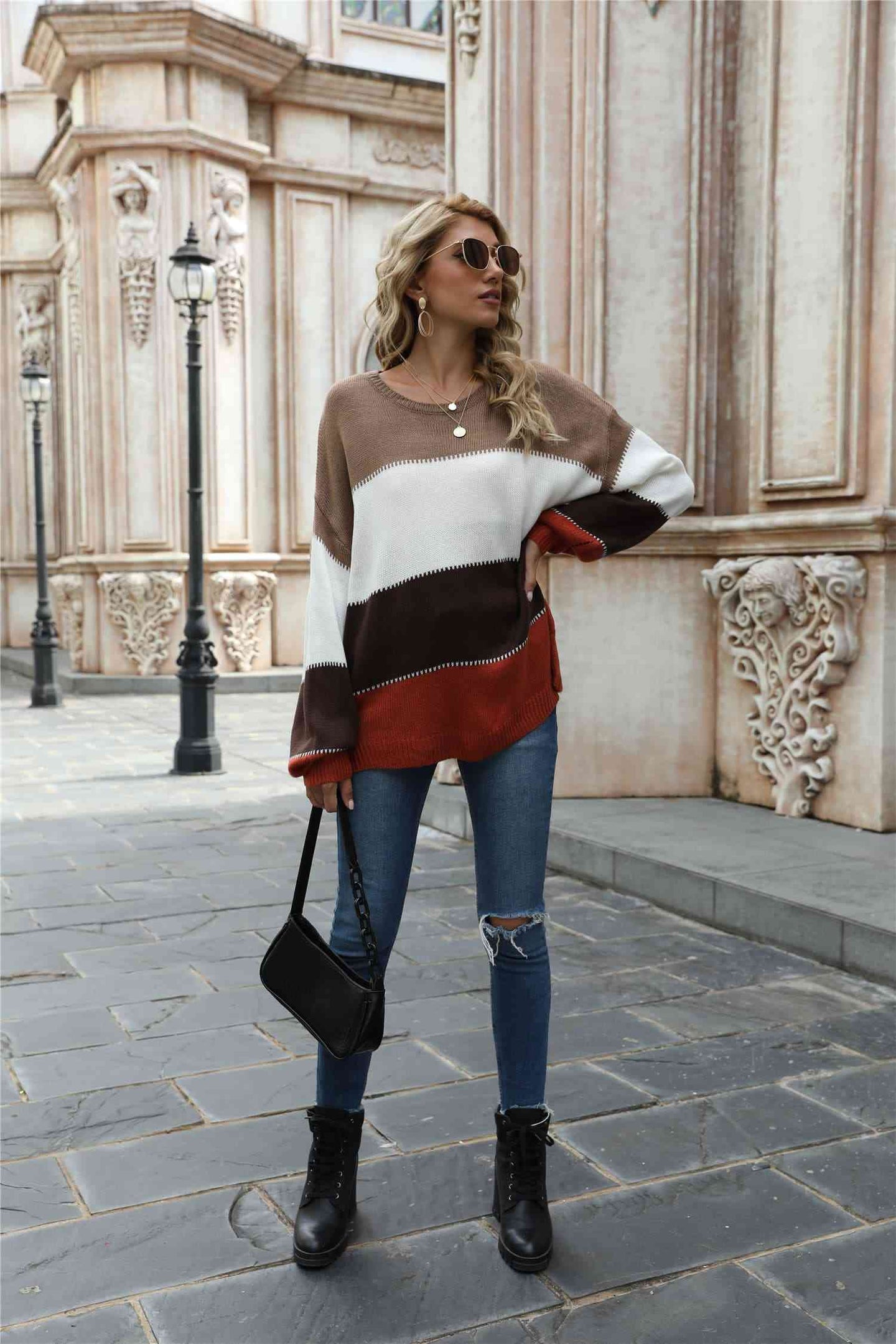 Color Block Round Neck Sweater Bazaarbey