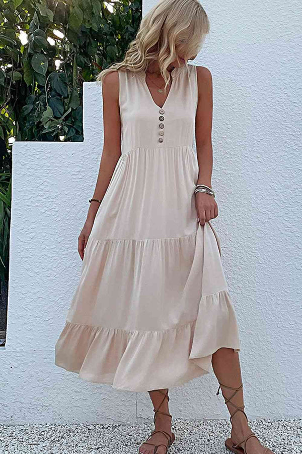 Decorative Button Sleeveless Tiered Dress -BazaarBey - www.shopbazaarbey.com