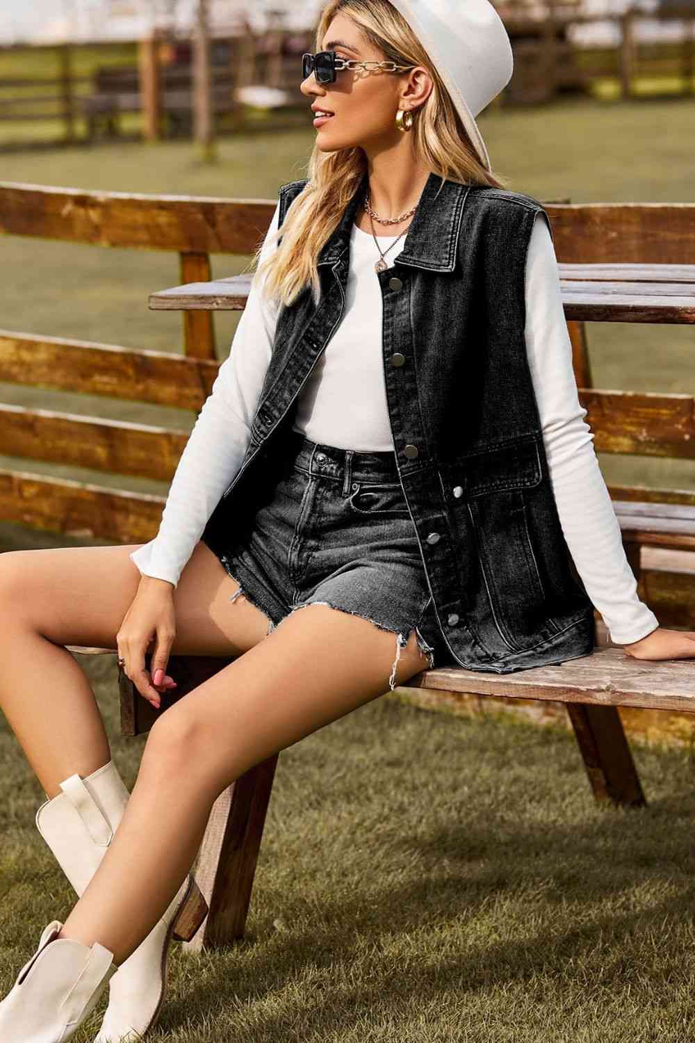 Sleeveless Collared Neck Denim Top with Pockets Bazaarbey