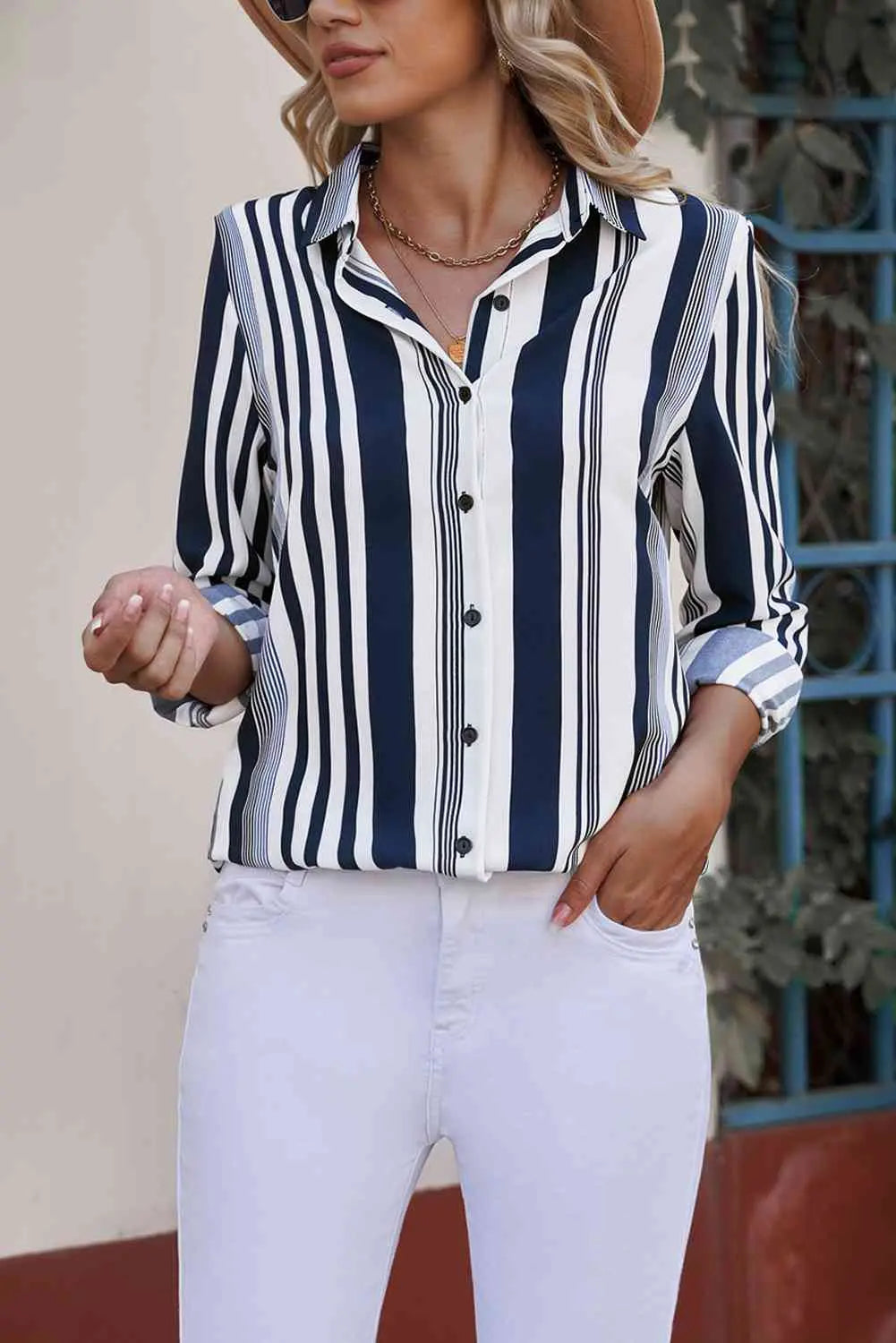 Striped Button-Down Long Sleeve Shirt Bazaarbey