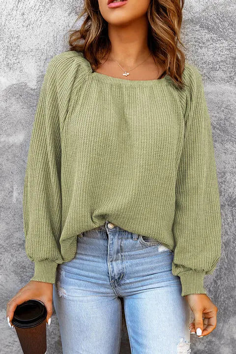Square Neck Waffle-Knit Top Trendsi