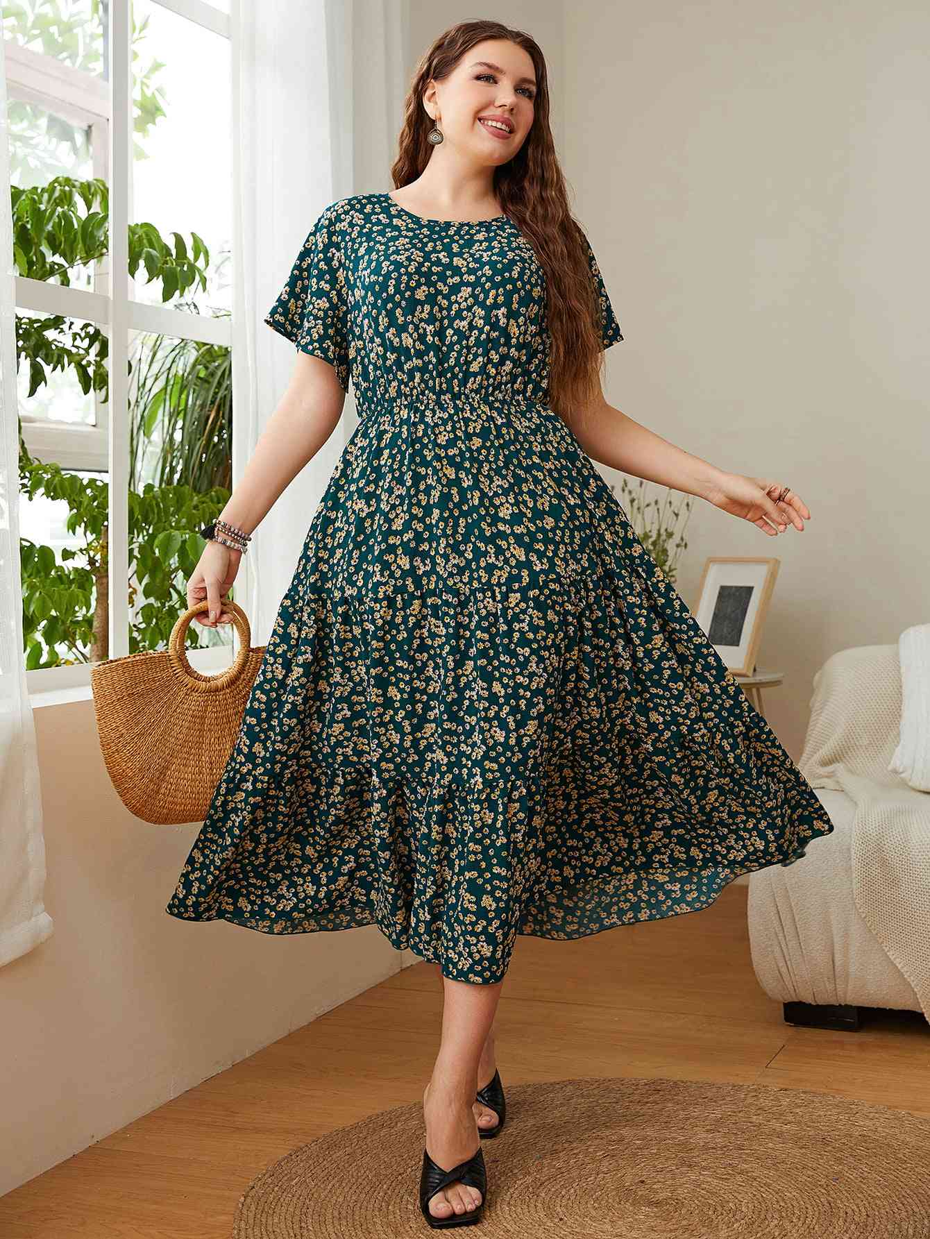 Plus Size Floral Round Neck Short Sleeve Midi Dress -BazaarBey - www.shopbazaarbey.com