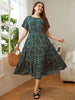 Plus Size Floral Round Neck Short Sleeve Midi Dress -BazaarBey - www.shopbazaarbey.com
