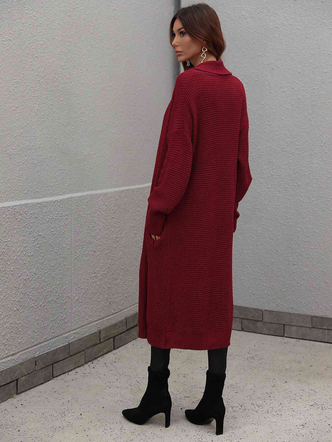  Waffle Knit  Duster Cardigan With Pockets Trendsi