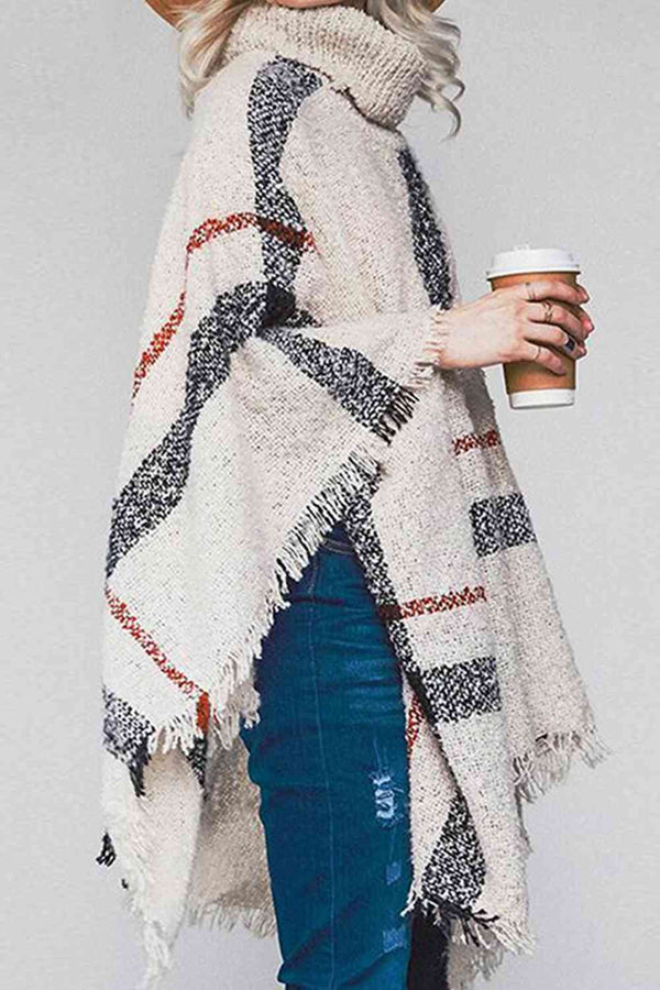 Plaid Turtleneck Raw Hem Poncho Bazaarbey