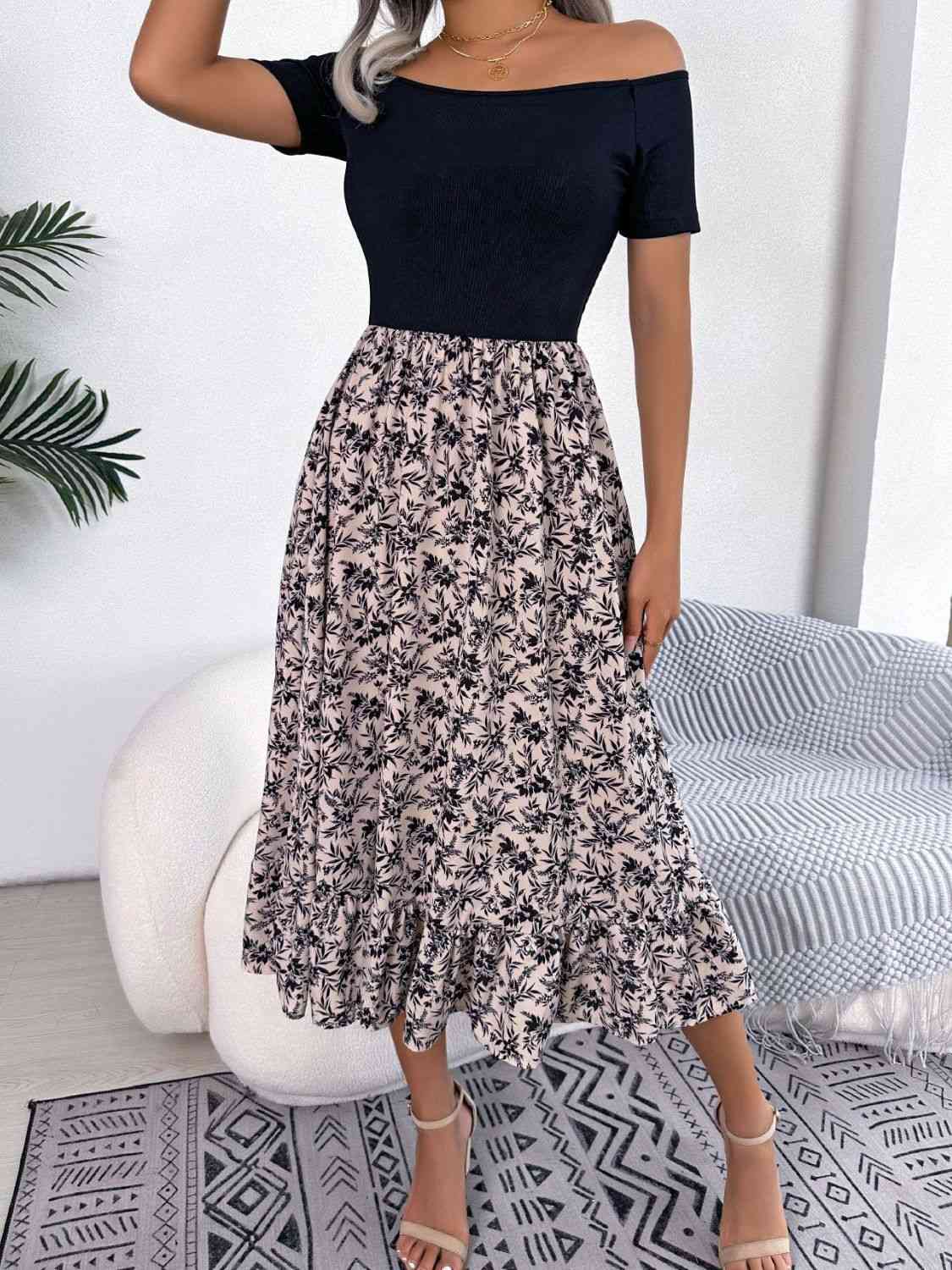 Printed Off-Shoulder Ruffle Hem Dress -BazaarBey - www.shopbazaarbey.com