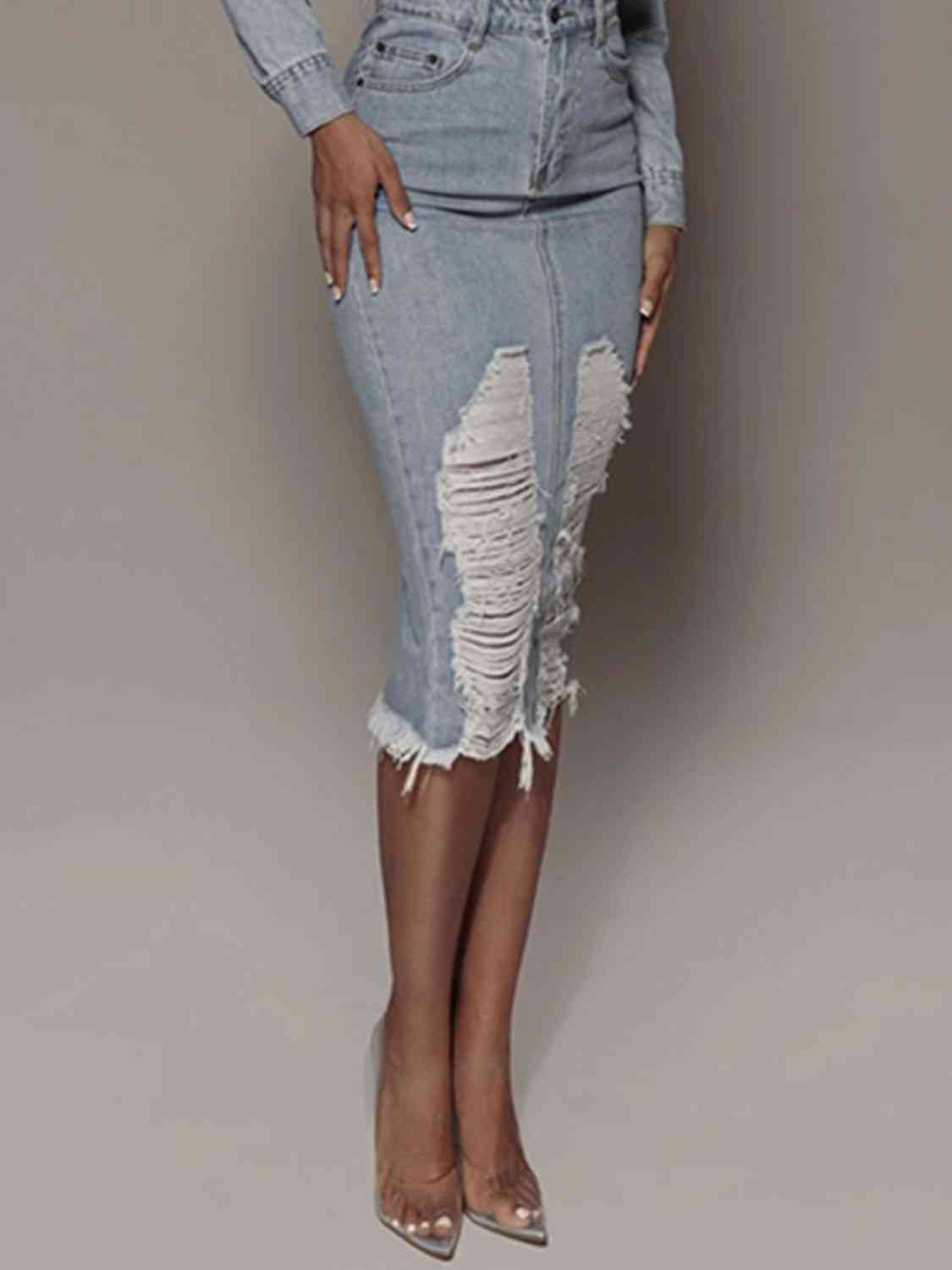 Distressed Slit Denim Skirt Trendsi