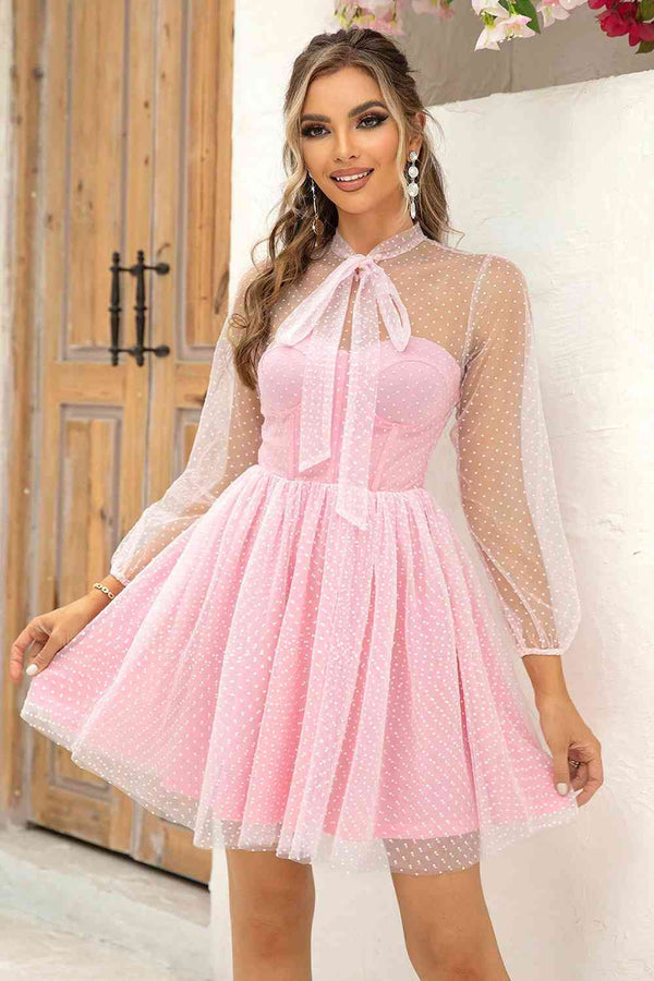 Tie Neck Open Back Mesh Dress -BazaarBey - www.shopbazaarbey.com
