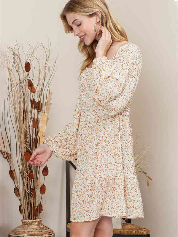 Printed Square Neck Long Sleeve Smocked Dress -BazaarBey - www.shopbazaarbey.com