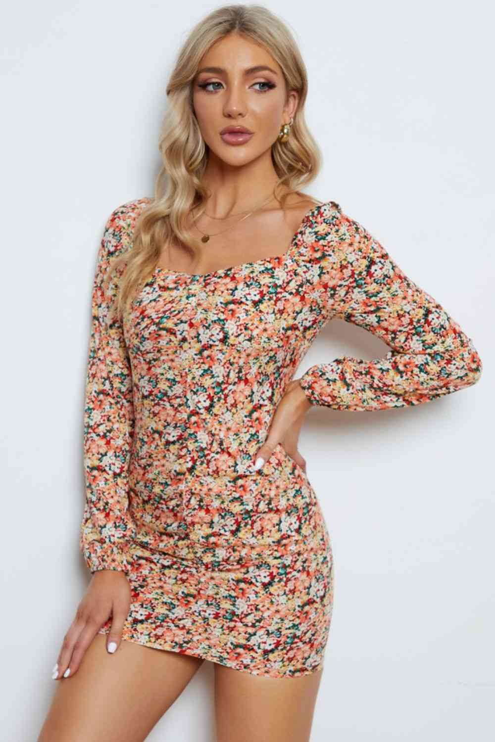 Floral Long-Sleeve Bodycon Dress -BazaarBey - www.shopbazaarbey.com