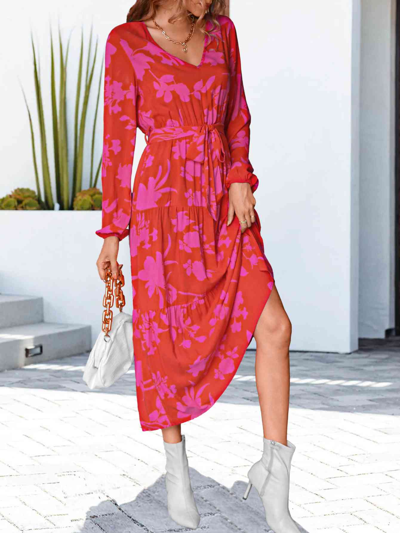 Floral V-Neck Long Sleeve Dress -BazaarBey - www.shopbazaarbey.com