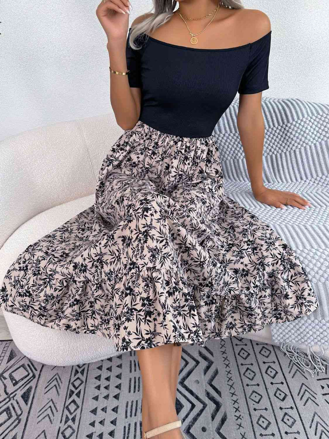 Printed Off-Shoulder Ruffle Hem Dress -BazaarBey - www.shopbazaarbey.com