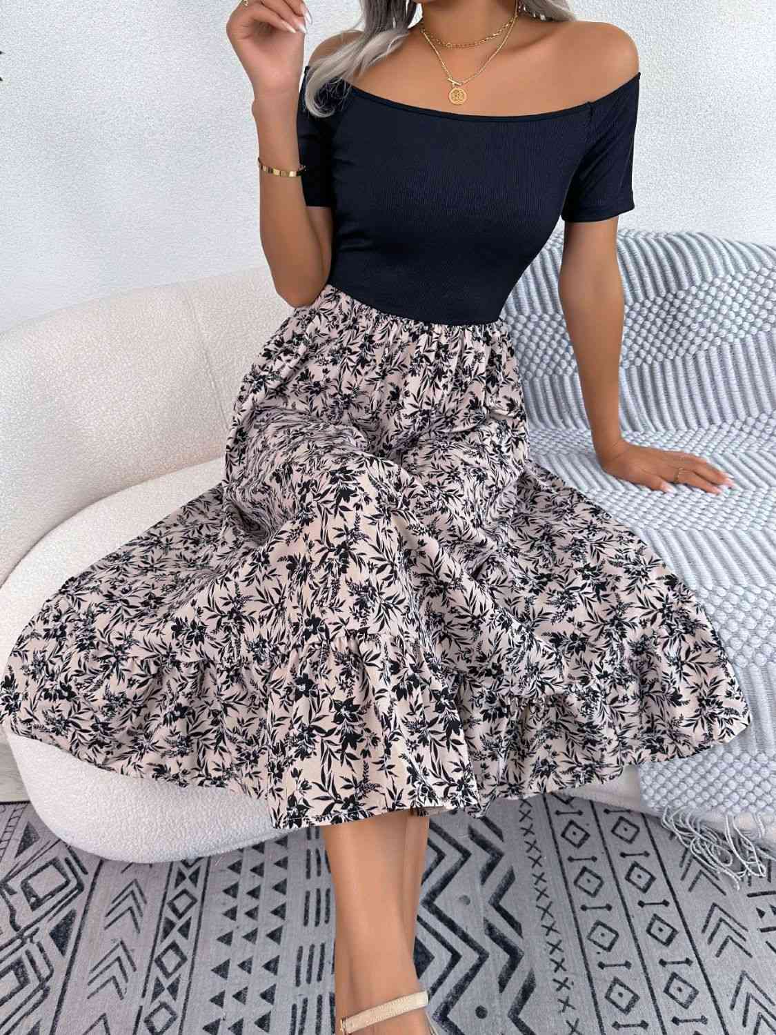 Printed Off-Shoulder Ruffle Hem Dress -BazaarBey - www.shopbazaarbey.com