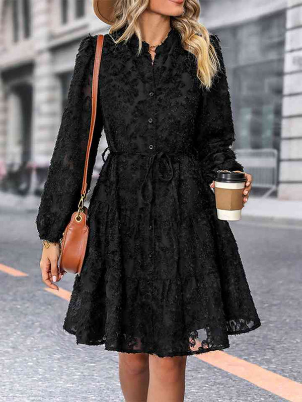 V-Neck Long Sleeve Buttoned Dress -BazaarBey - www.shopbazaarbey.com