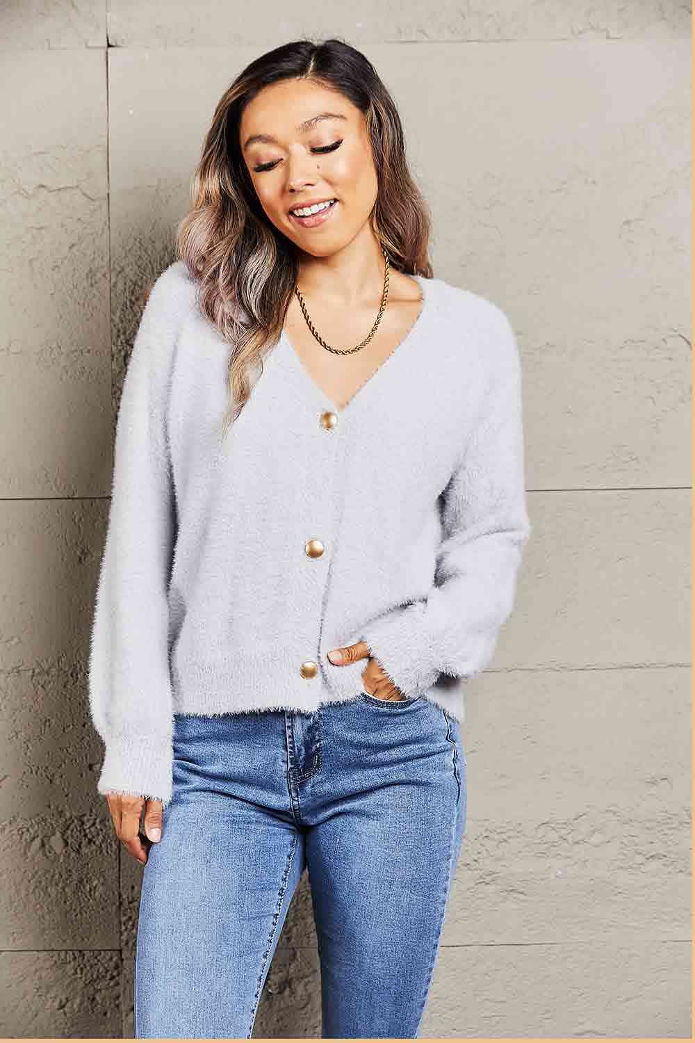 BazaarBey  Fuzzy Long Sleeve Button Down Cardigan Bazaarbey