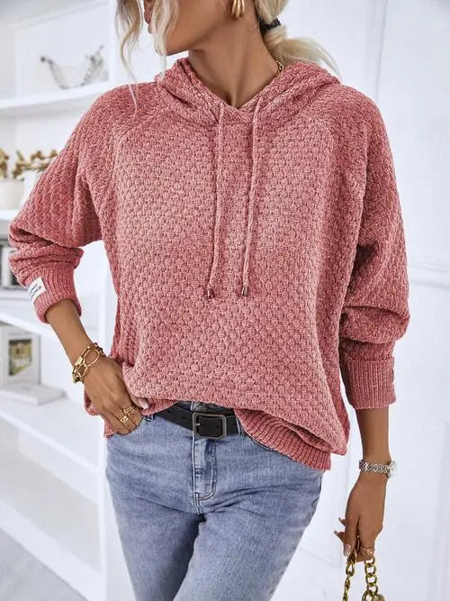 Texture Drawstring Long Sleeve Hooded Sweater Bazaarbey