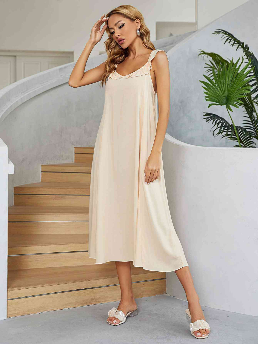 Ruffled V-Neck Midi Dress -BazaarBey - www.shopbazaarbey.com