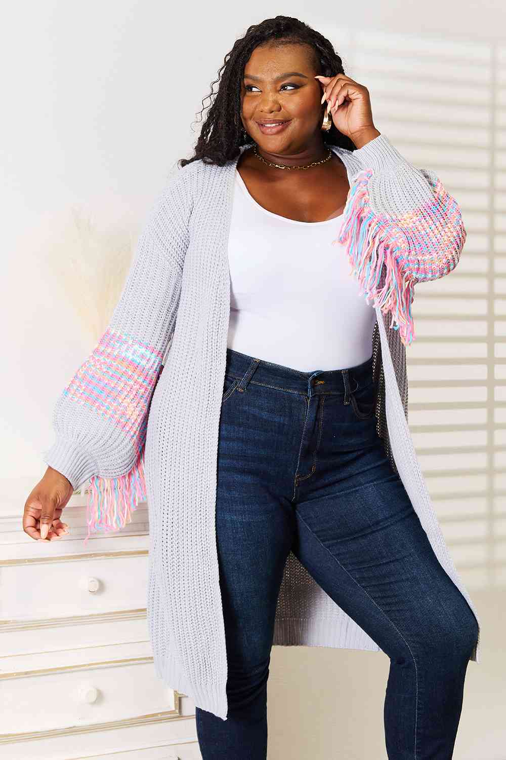 Woven Right  Sleeve Dropped Shoulder Cardigan Bazaarbey