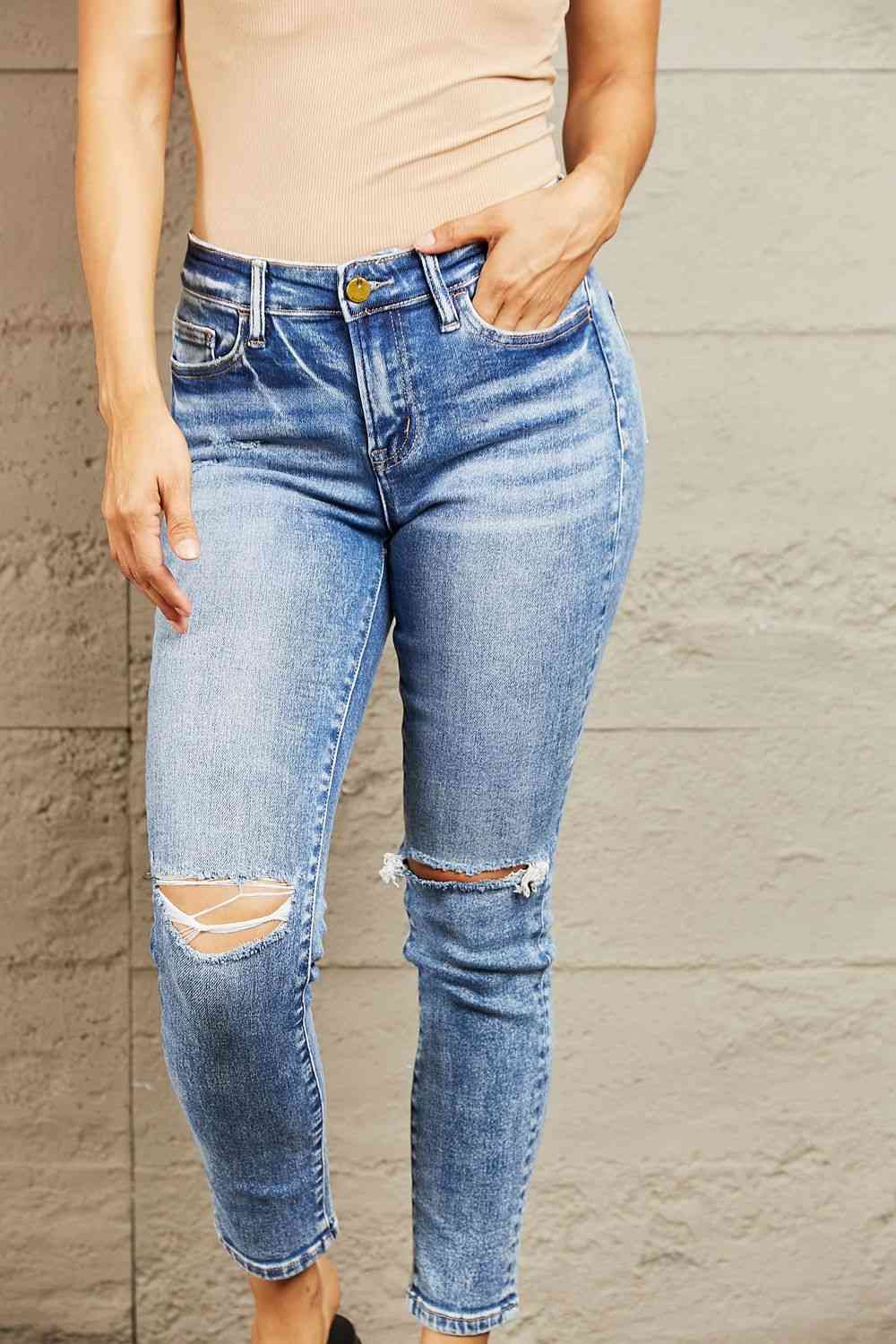  Mid Rise Distressed Skinny Jeans Trendsi
