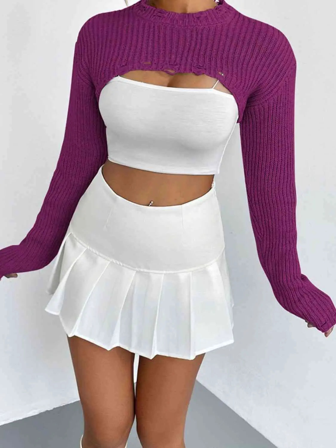 Distressed Long Sleeve Cropped Sweater Trendsi