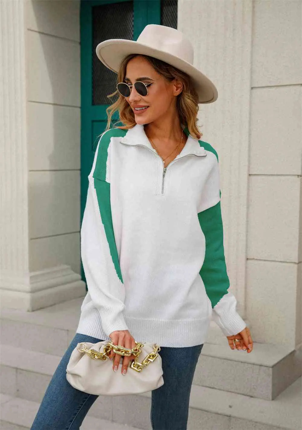 Two-Tone Collared Neck Dropped Shoulder Knit Top Trendsi