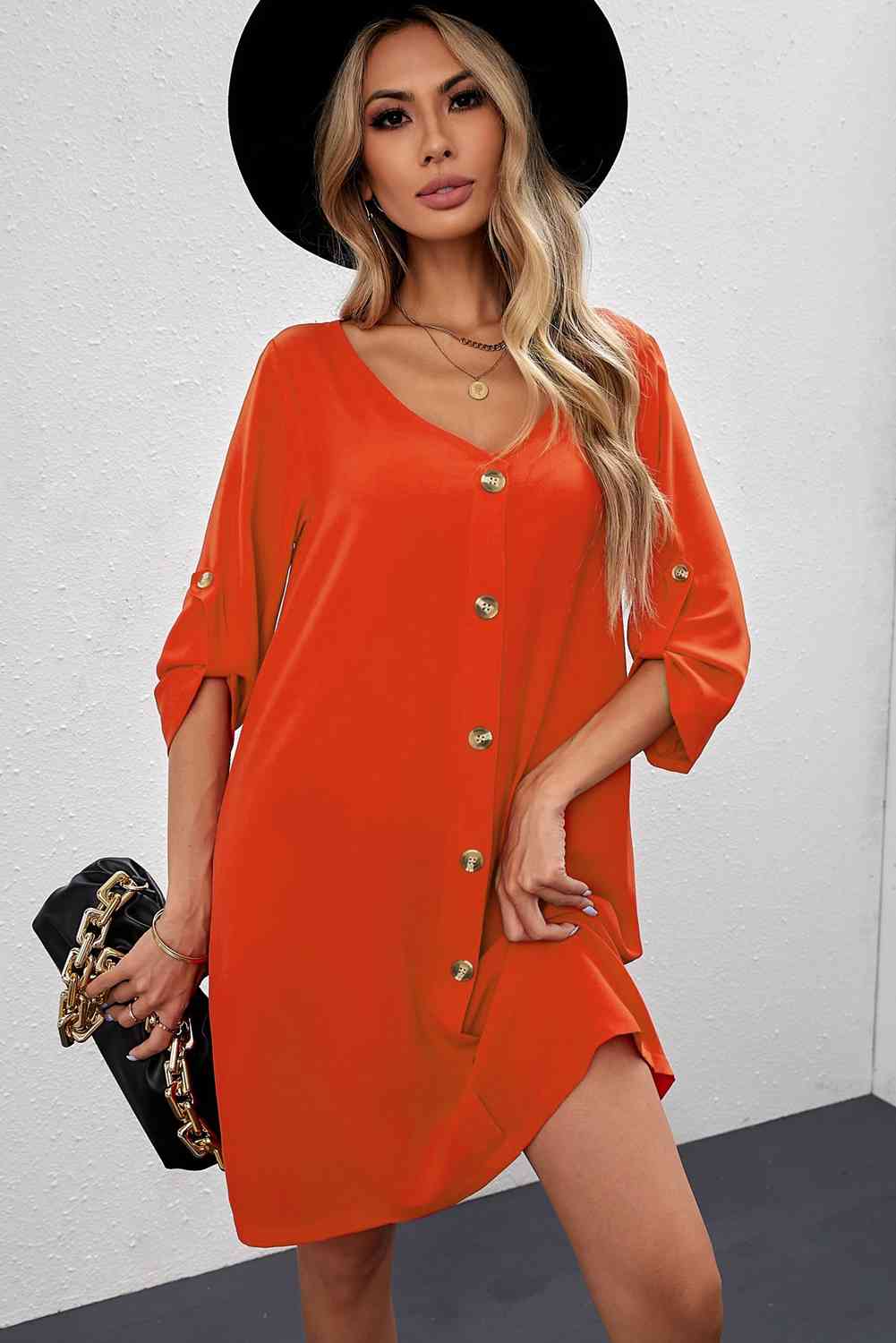 Buttoned V-Neck Dress -BazaarBey - www.shopbazaarbey.com