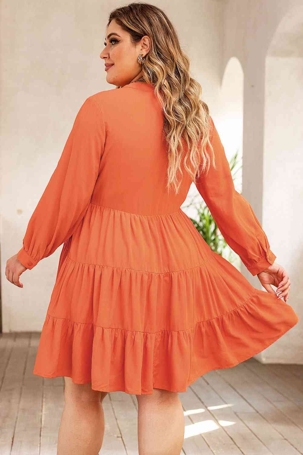 Plus Size Notched Neck Printed Long Sleeve Mini Dress -BazaarBey - www.shopbazaarbey.com