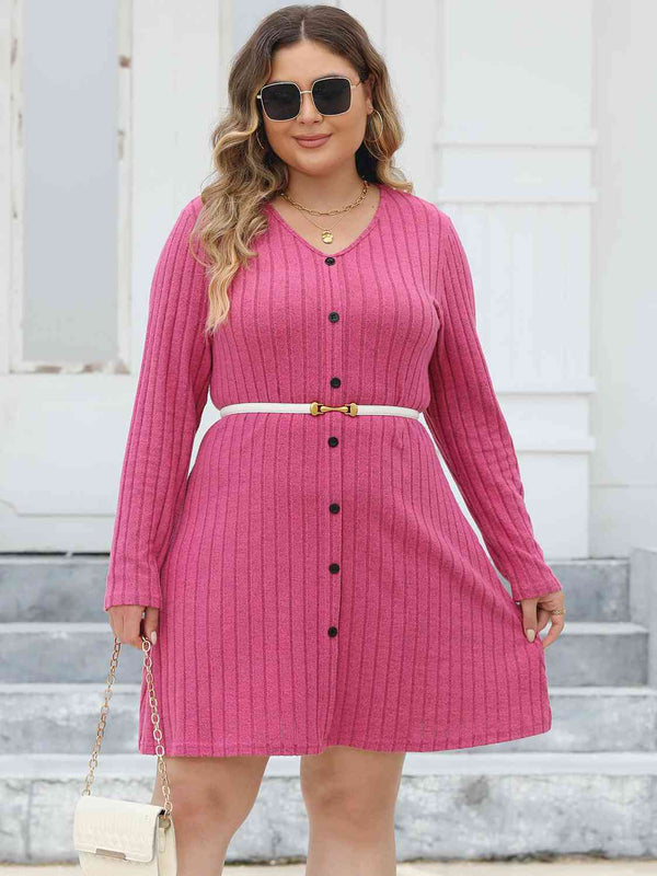 Plus Size Ribbed Buttoned V-Neck Long Sleeve Dress -BazaarBey - www.shopbazaarbey.com