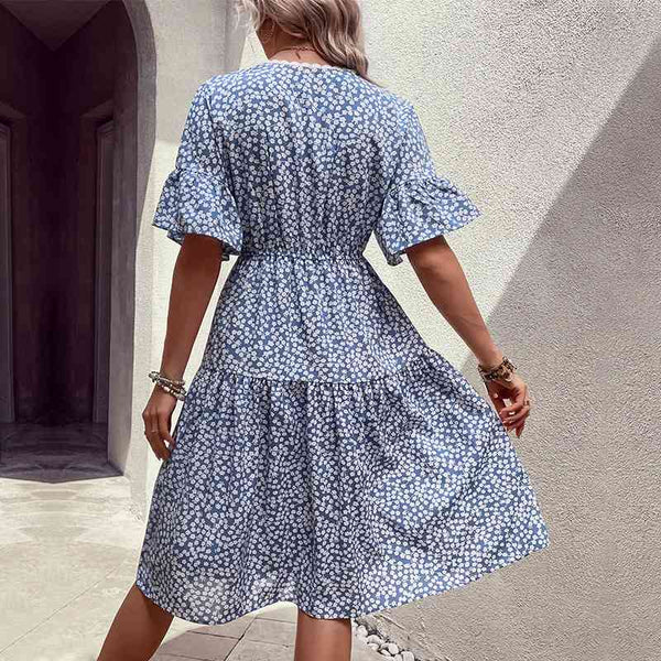 Floral Flounce Sleeve V-Neck Dress -BazaarBey - www.shopbazaarbey.com