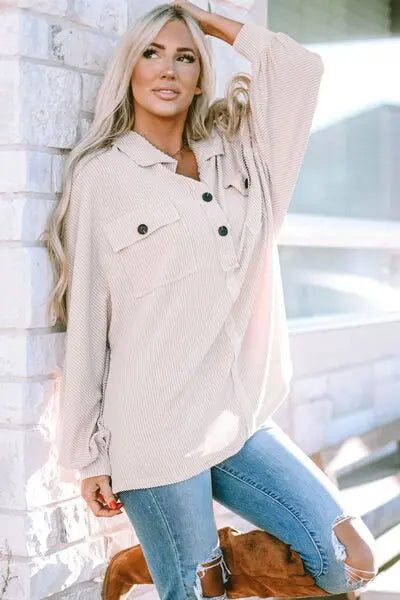 BazaarBey Collared Neck Half Button Long Sleeve Blouse Trendsi