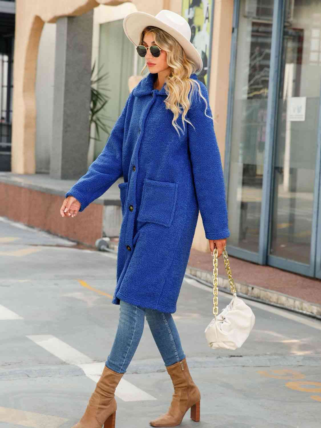Collared Neck Button Down Coat Trendsi