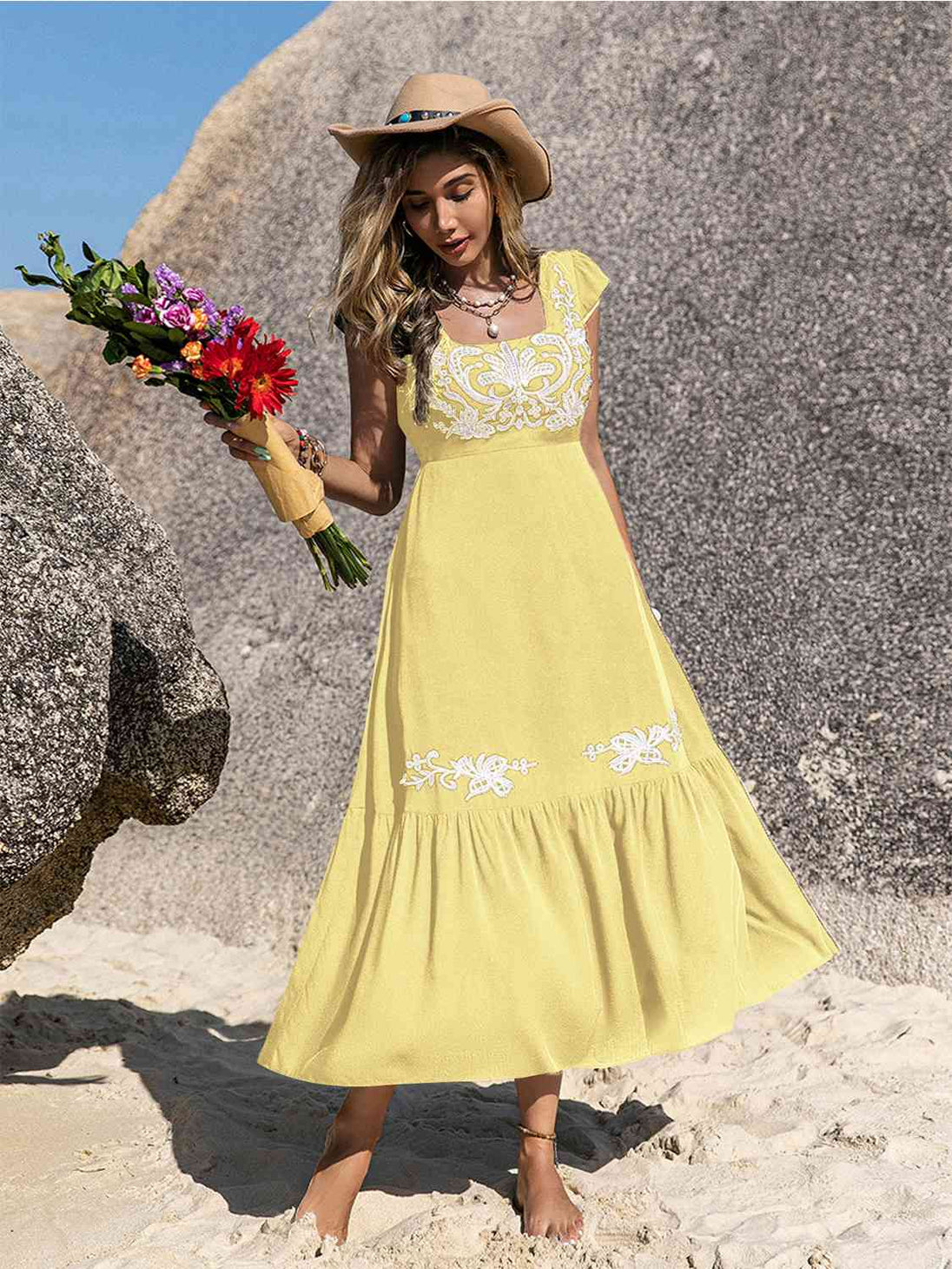 Embroidered Square Neck Ruffle Hem Dress -BazaarBey - www.shopbazaarbey.com