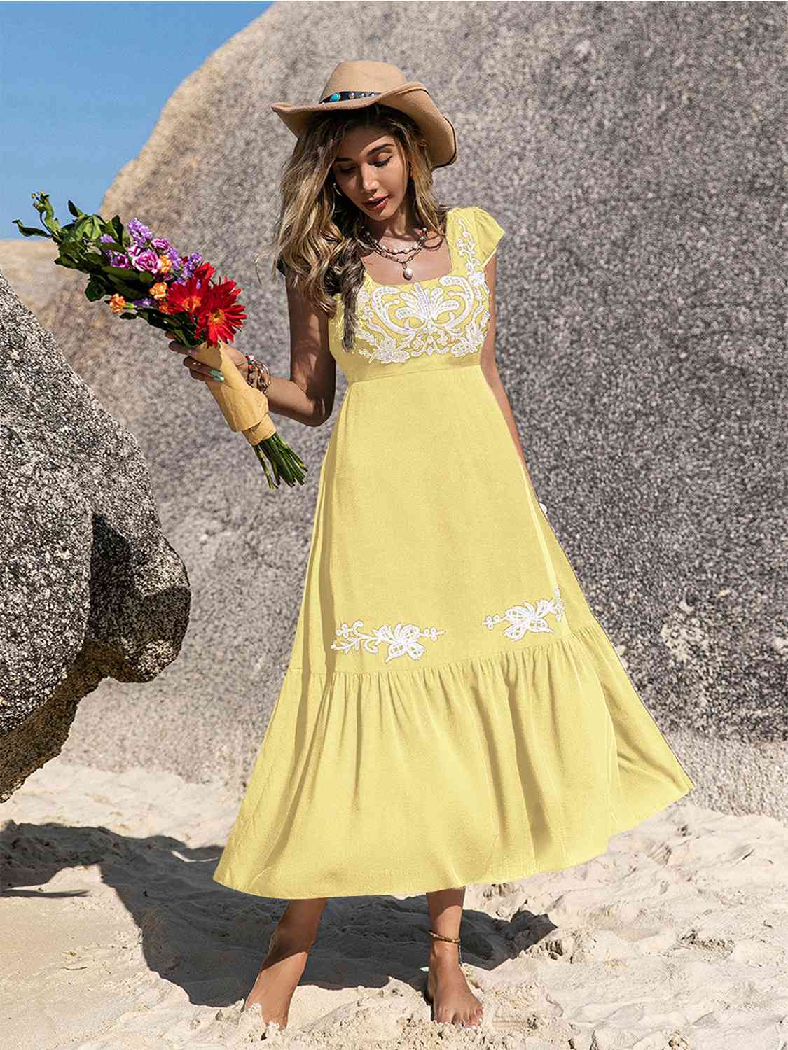 Embroidered Square Neck Ruffle Hem Dress -BazaarBey - www.shopbazaarbey.com