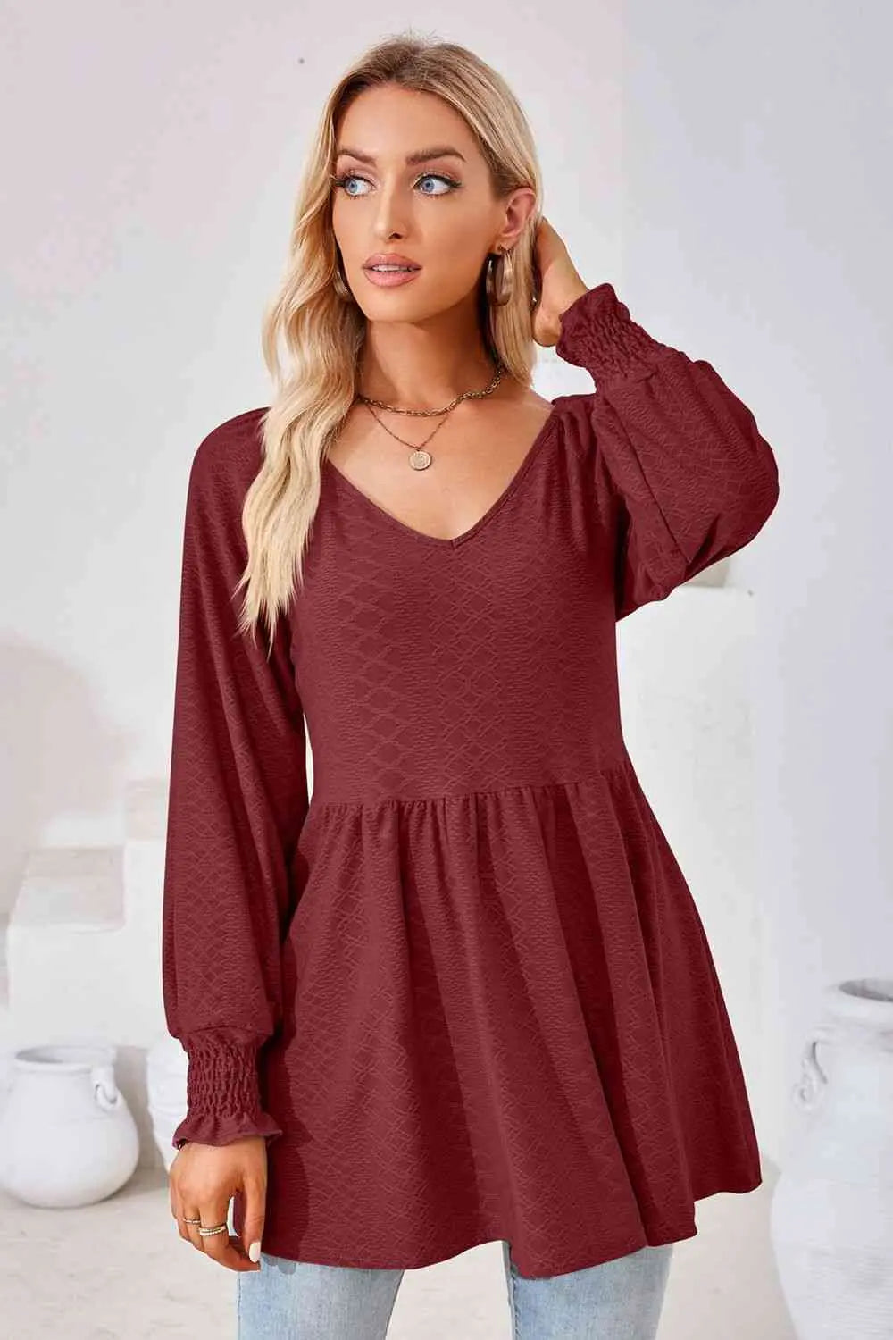 V-Neck Lantern Sleeve Blouse Bazaarbey