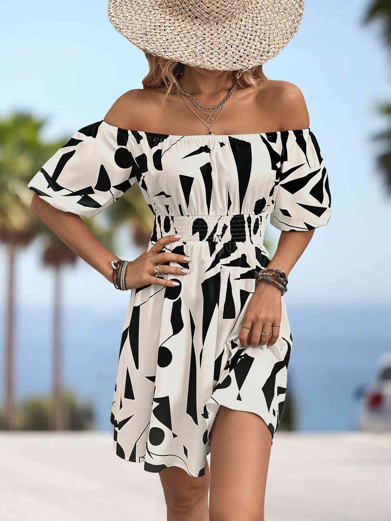 Printed Off-Shoulder Smocked Waist Dress -BazaarBey - www.shopbazaarbey.com