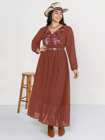 Plus Size Embroidered Tie Neck Long Sleeve Dress -BazaarBey - www.shopbazaarbey.com