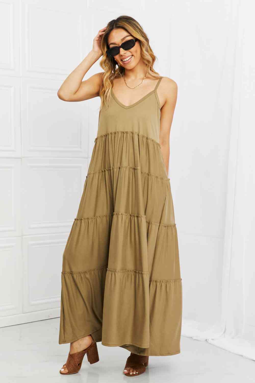 Zenana Full Size Spaghetti Strap Tiered Dress with Pockets in Khaki -BazaarBey - www.shopbazaarbey.com