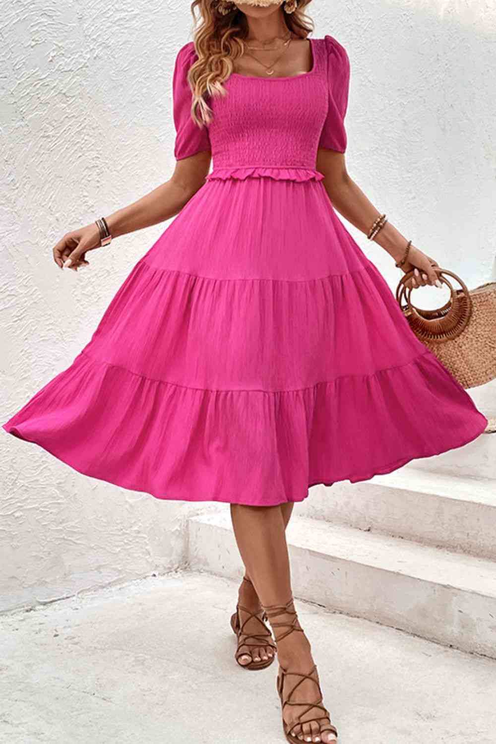 Square Neck Puff Sleeve Cutout Dress -BazaarBey - www.shopbazaarbey.com