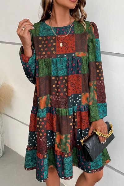 Printed Balloon Sleeve Tiered Dress -BazaarBey - www.shopbazaarbey.com