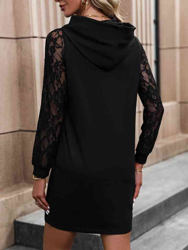Lace Trim Long Sleeve Hooded Dress -BazaarBey - www.shopbazaarbey.com