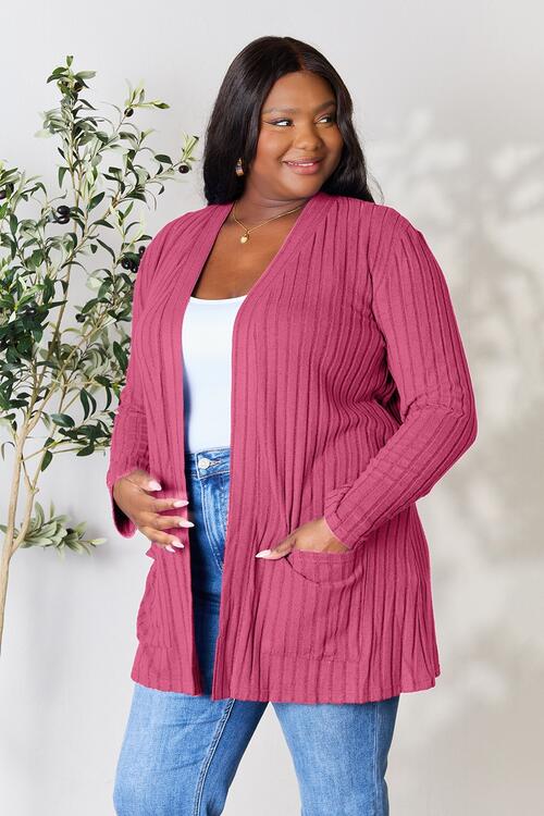 Ribbed Open Front Cardigan with Pockets Bazaarbey